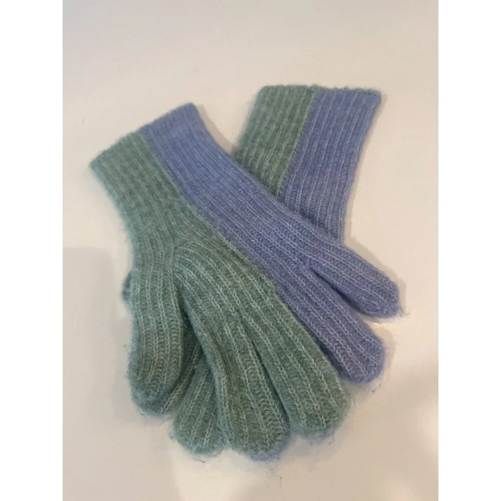 Anthropologie Two-Tone Ribbed Knit Gloves In Green & Blue Soft Wool Blend Womens